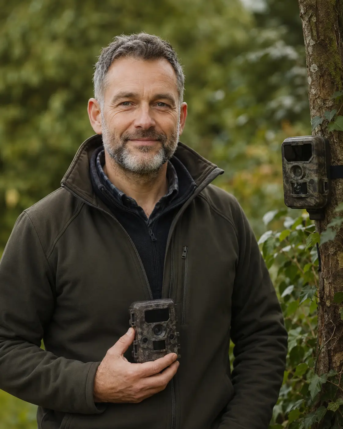 Dennis Nokes owner holding a trail camera outdoors
