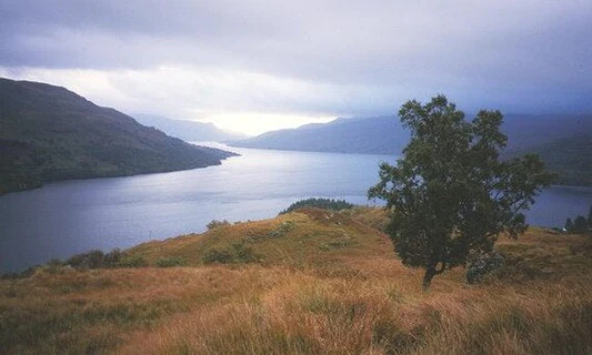 Landscape view over a lake and hills for wildlife watching article